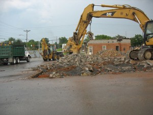 Demolition with an excavator.